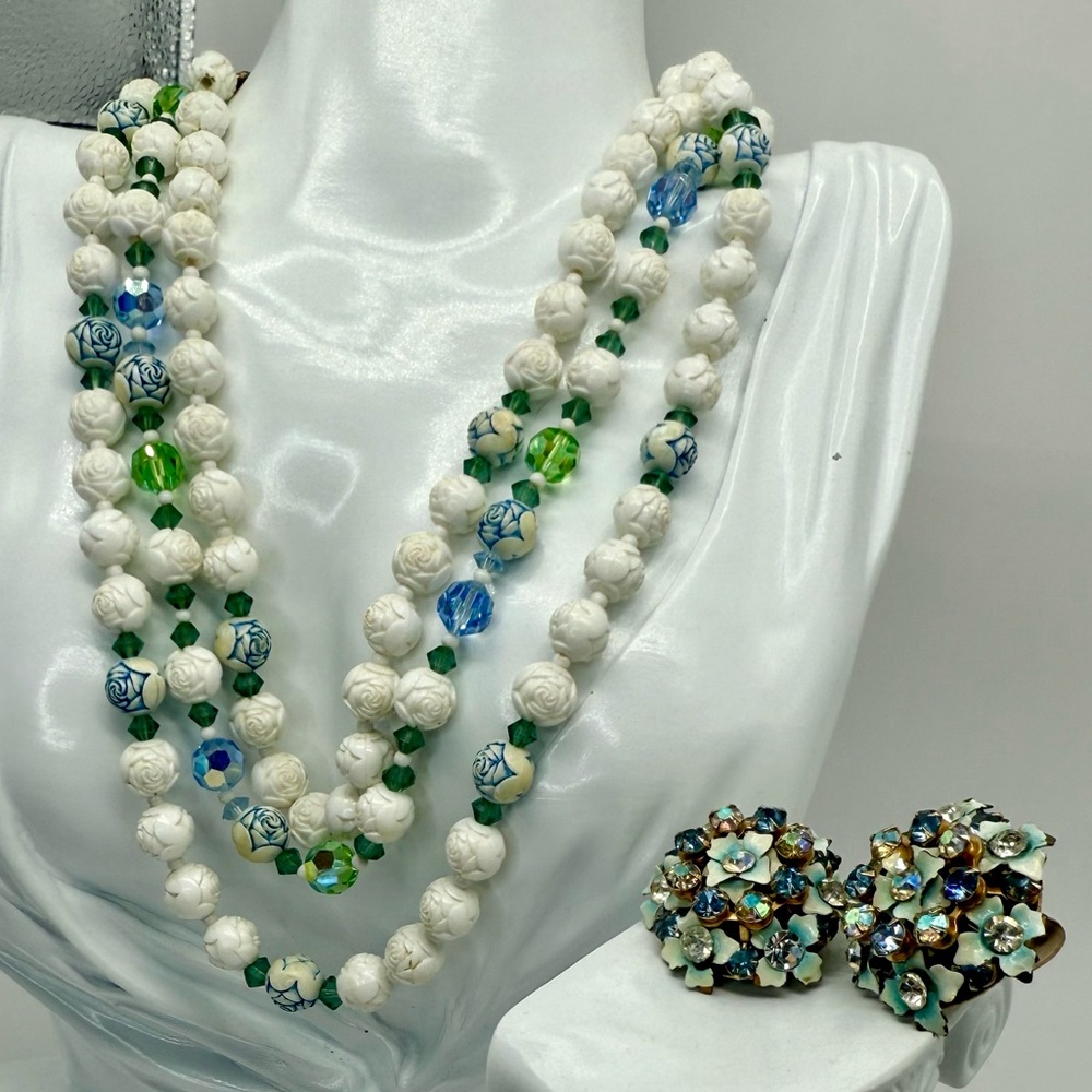 Vintage Carved Floral Beads W Blue Crystal and Green Uranium Necklace W Earrings